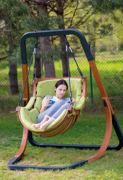 wooden trapezoid swing chair with stand outdoor