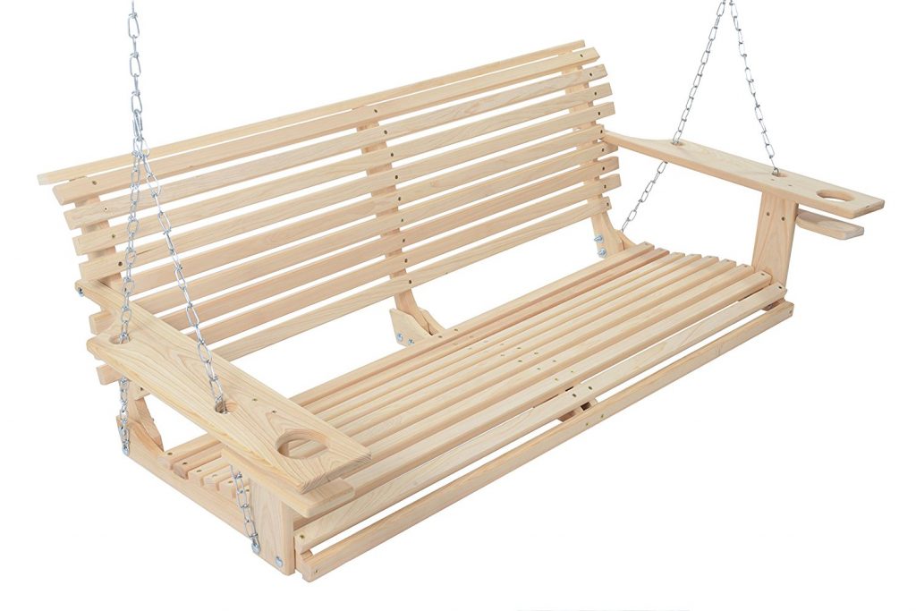 Cypress Porch Swing made in America with handy cup-holders available on the armrests.