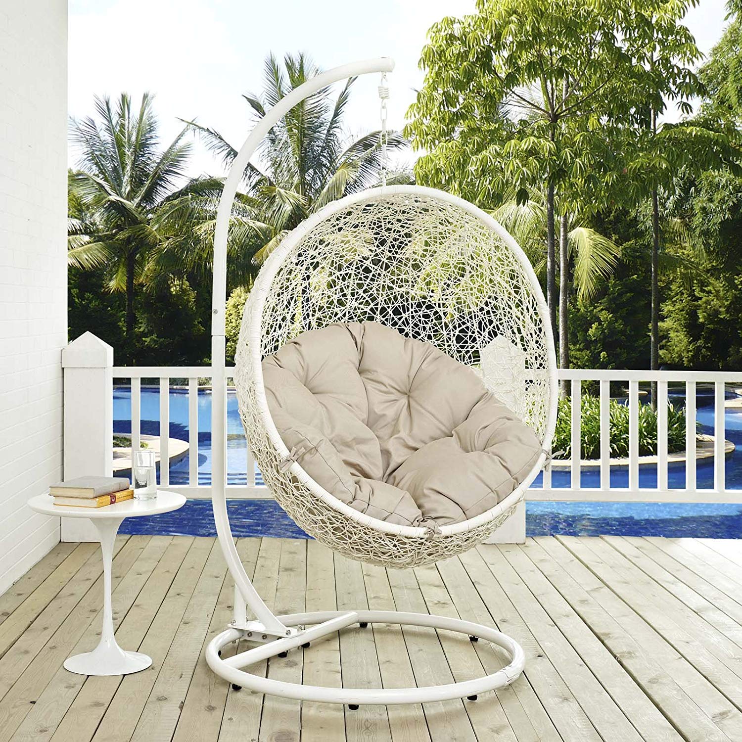 Outdoor Patio White Wicker Swing Ball Chair Modway