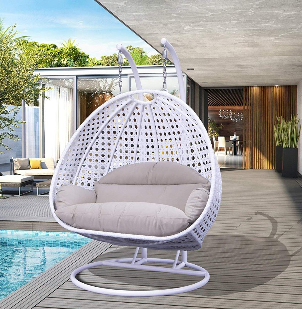 2-person-white-wicker-hanging-chair-hammock-swing-with-stand-on-the-deck or patio