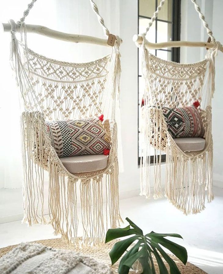Macramé Boho Swing Chairs Pair with Funky Patterned Cushions