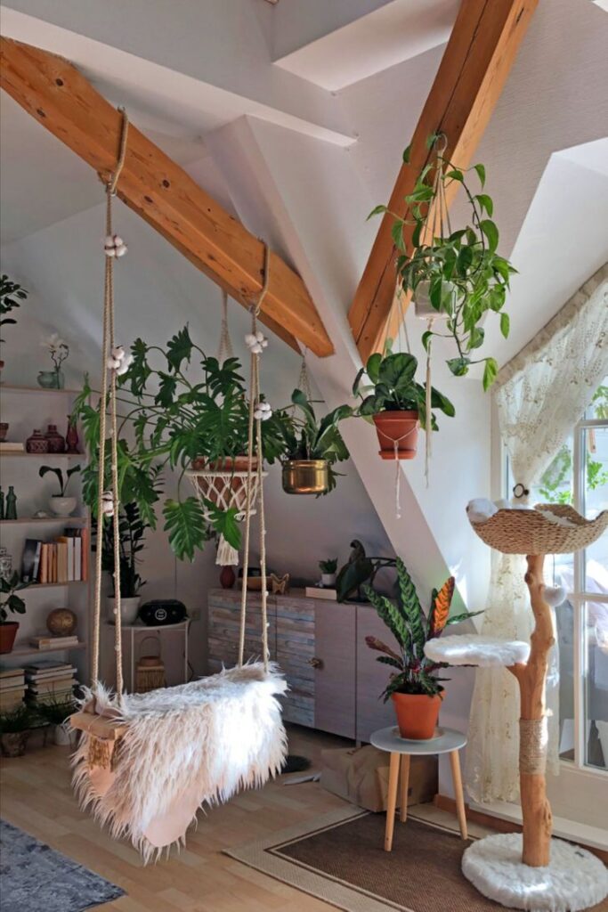 Indoor Boho Hanging Swing Hammock with Hanging Pots and Fluffy Seating