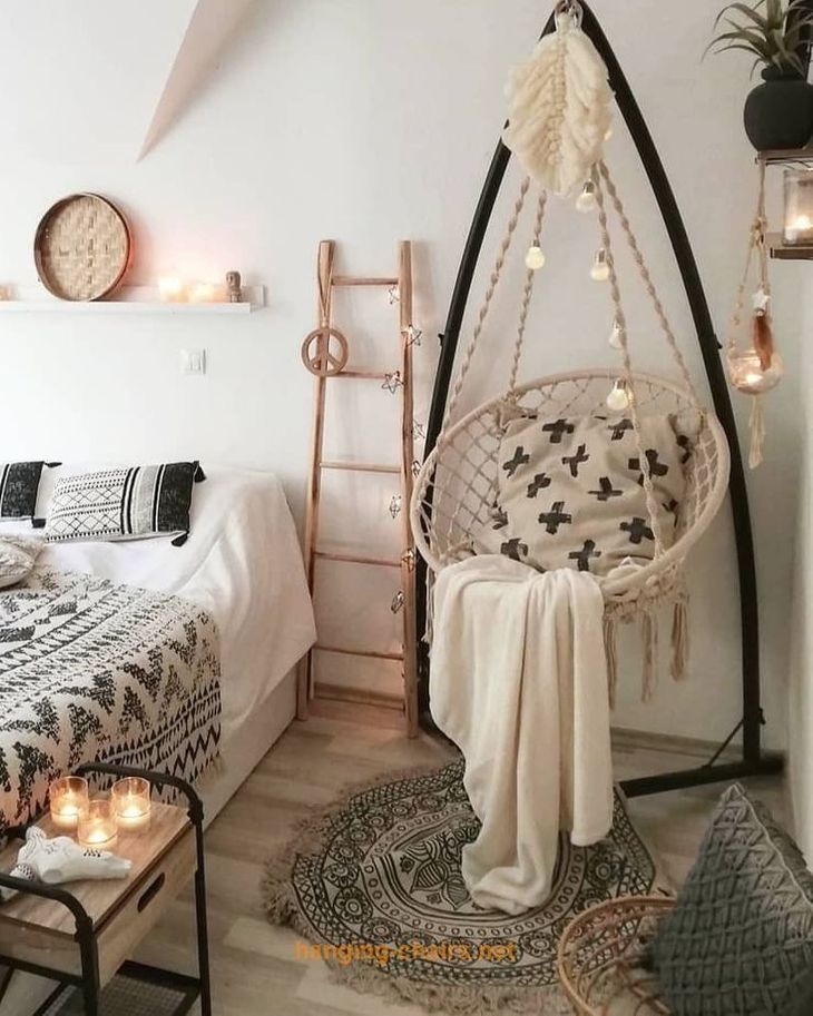 Macramé Boho Hanging Chair with Printed Cushio and Bulb Decorations